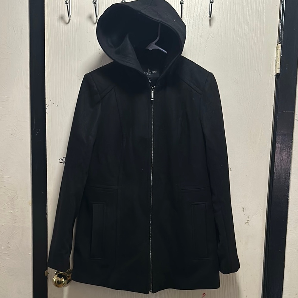 London Fog Black Hooded Wool Blend Coat - Size Small - Picture 5 of 16